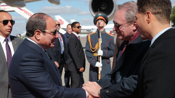 Egyptian President Abdel Fattah el-Sisi (L) arrives in Moscow to mark the 80th anniversary of Victory in the Great Patriotic War, and is welcomed by Russian Deputy Foreign Minister Mikhail Bogdanov (2nd R), in Moscow, Russia, on 8 May 2025. [Getty]