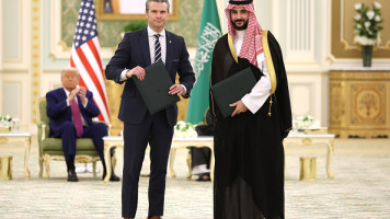 US Secretary of Defense Pete Hegseth poses with with Defense Minister Prince Khalid bin Salman Al Saud 